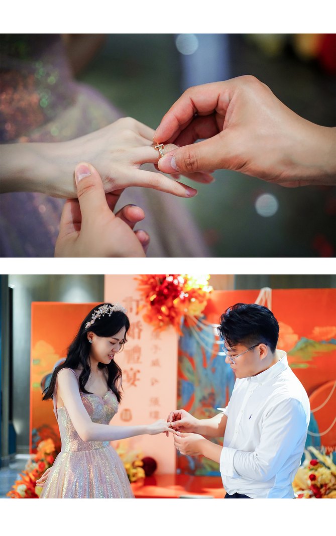 交握戴戒指的瞬间，柔和光线下的徐州婚礼，枪花影像